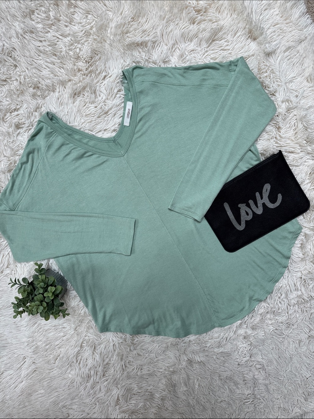 Cherish Double V-Neck Long Sleeve Top 💗 Sage Green